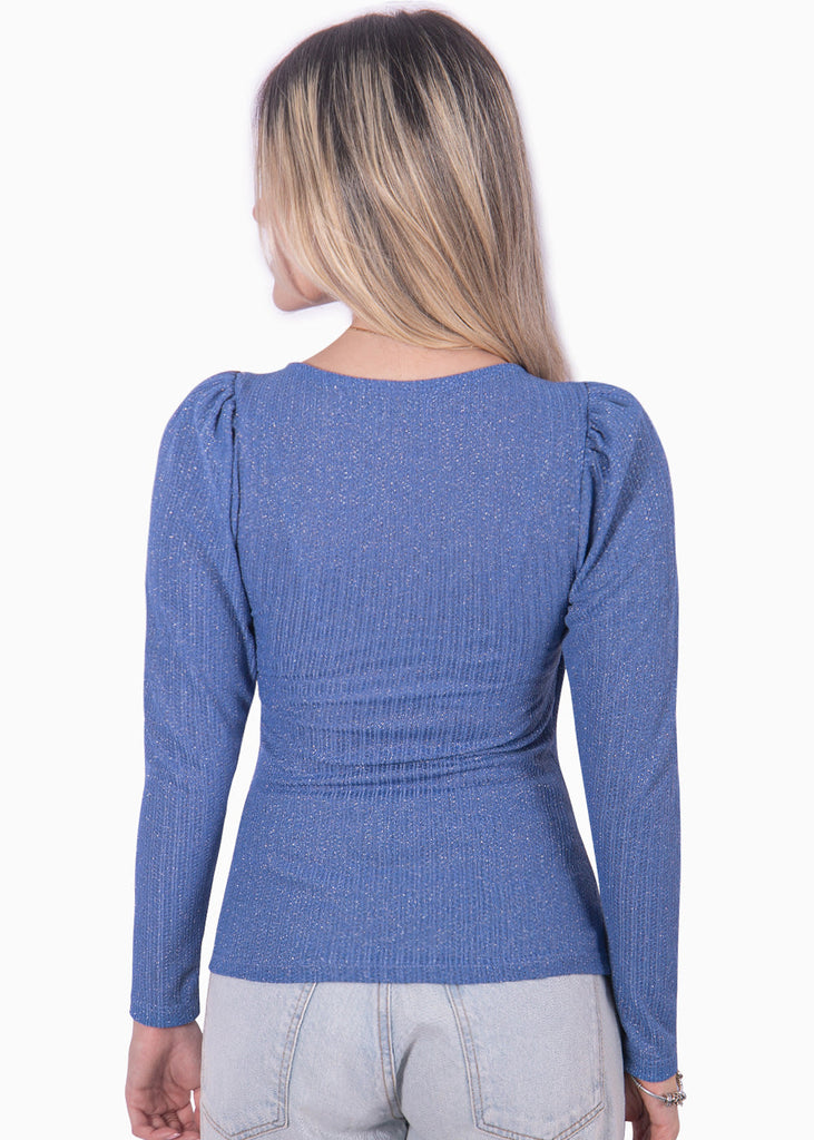 Blusa manga larga con escote cruzado color azul para mujer - Flashy