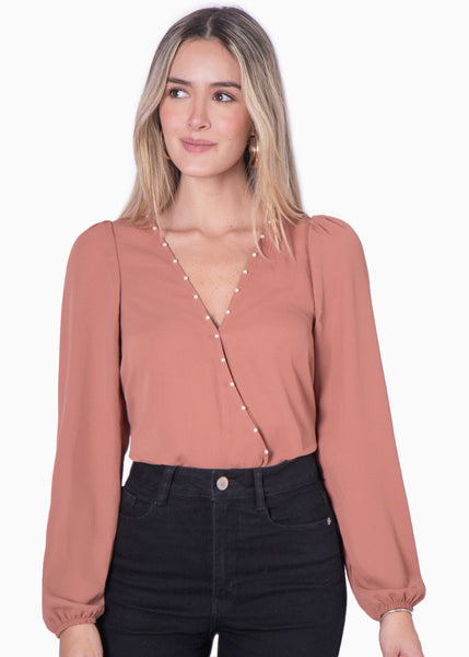 Blusa manga larga con escote cruzado y perlas color terracota para mujer - Flashy