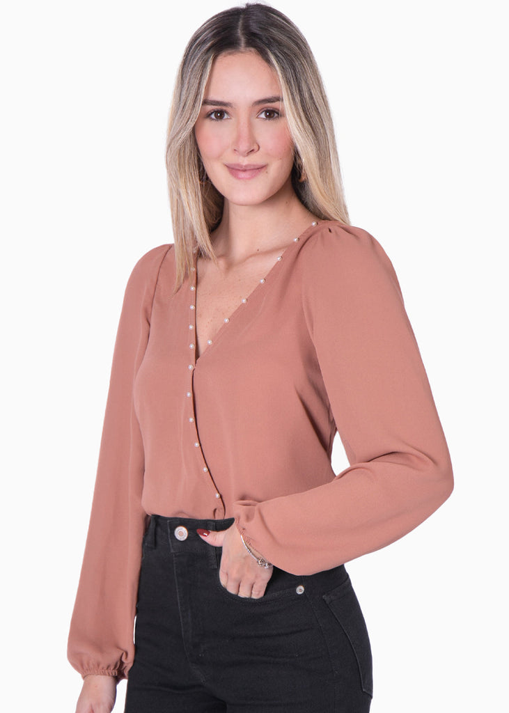 Blusa manga larga con escote cruzado y perlas color terracota para mujer - Flashy