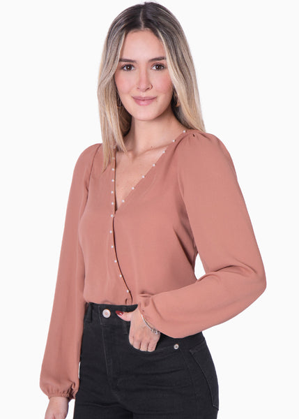 Blusa manga larga con escote cruzado y perlas color terracota para mujer - Flashy