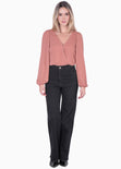 Blusa manga larga con escote cruzado y perlas color terracota para mujer - Flashy