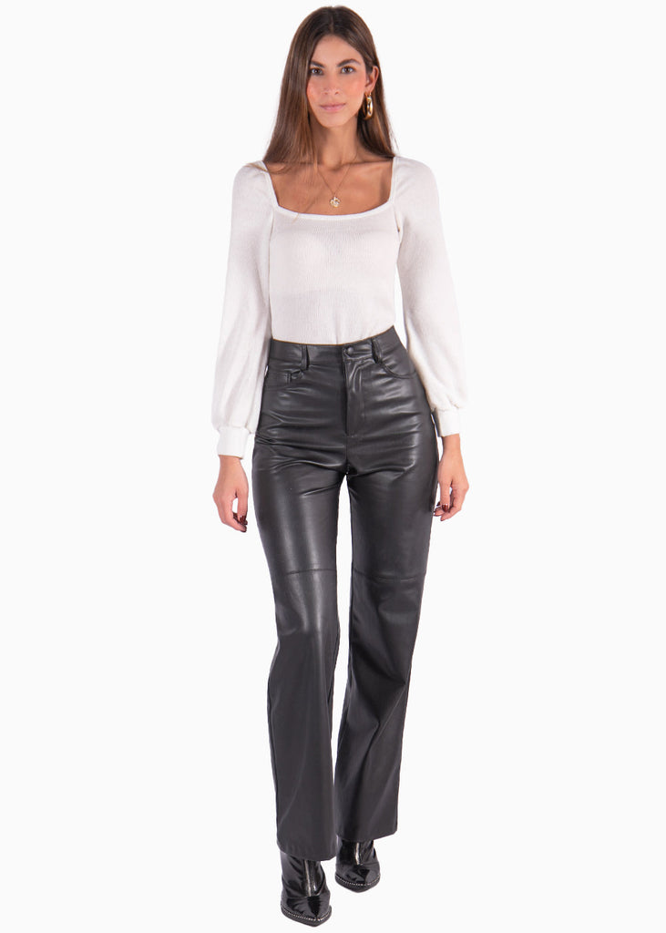 Blusa manga larga con escote cuadrado y mangas abullonadas color blanco, marfil para mujer - Flashy