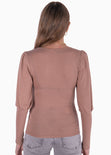 Blusa manga larga con escote cuadrado y mangas embombadas color beige para mujer - Flashy
