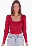 Blusa manga larga con escote cuadrado y mangas embombadas color rojo para mujer - Flashy