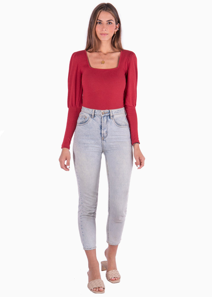 Blusa manga larga con escote cuadrado y mangas embombadas color rojo para mujer - Flashy