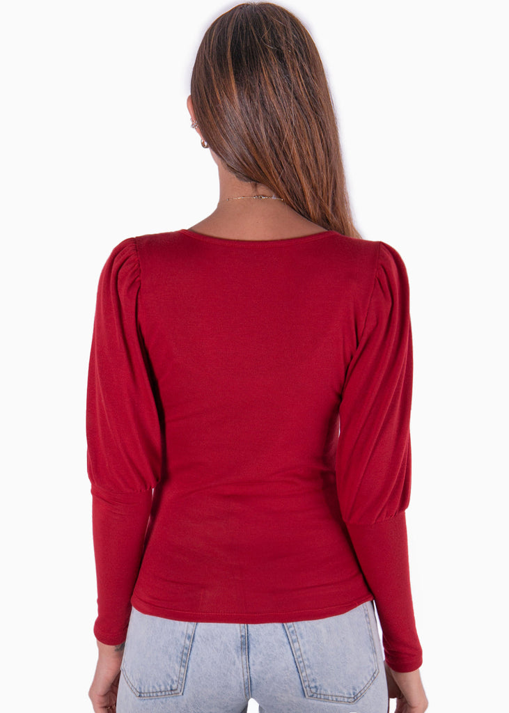 Blusa manga larga con escote cuadrado y mangas embombadas color rojo para mujer - Flashy