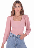 Blusa manga larga con escote cuadrado y mangas embombadas color rosado para mujer - Flashy