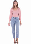 Blusa manga larga con escote cuadrado y mangas embombadas color rosado para mujer - Flashy