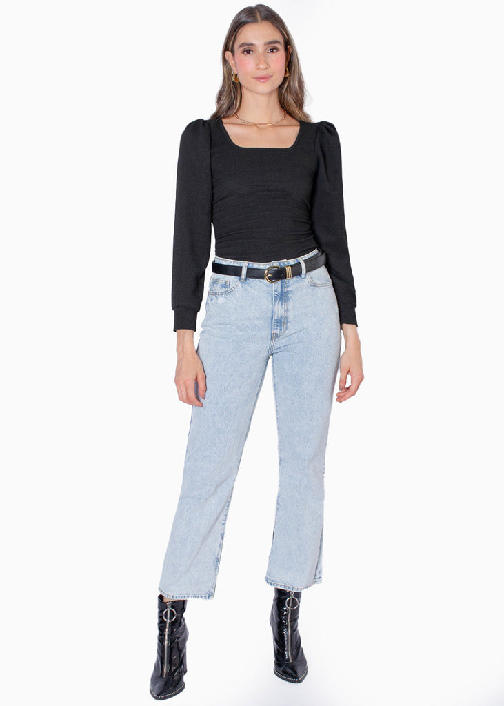 Blusa manga larga con escote cuadrado y mangas embombadas color negro para mujer - Flashy