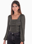 Blusa manga larga con escote cuadrado y recogidos color verde para mujer - Flashy