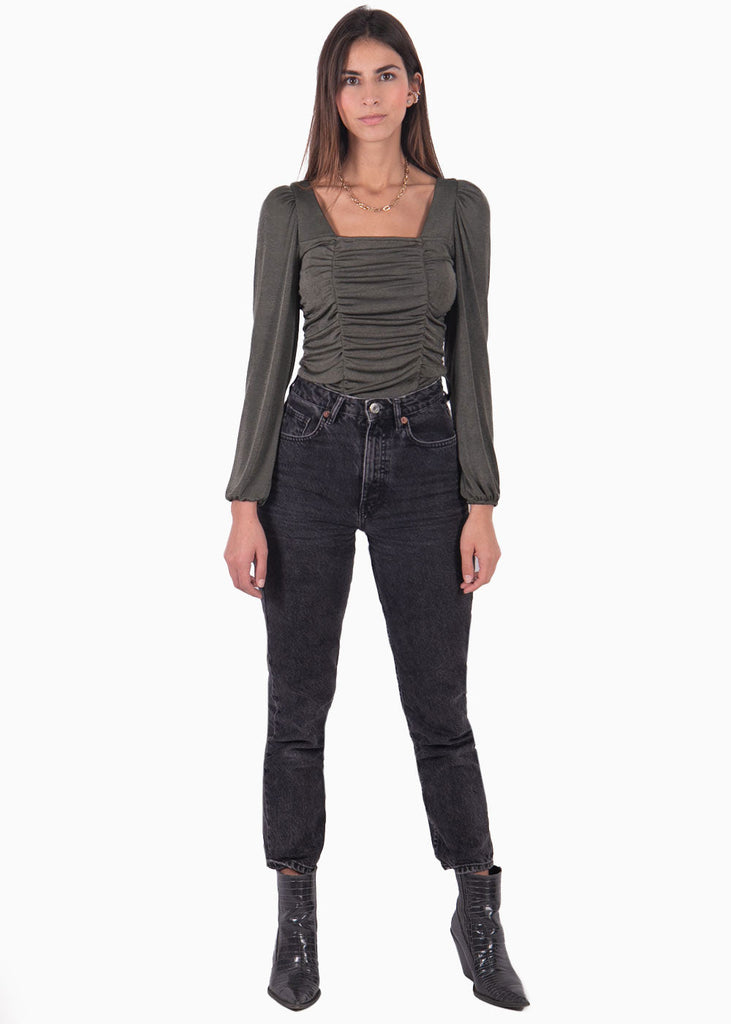Blusa manga larga con escote cuadrado y recogidos color verde para mujer - Flashy