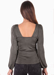 Blusa manga larga con escote cuadrado y recogidos color verde para mujer - Flashy