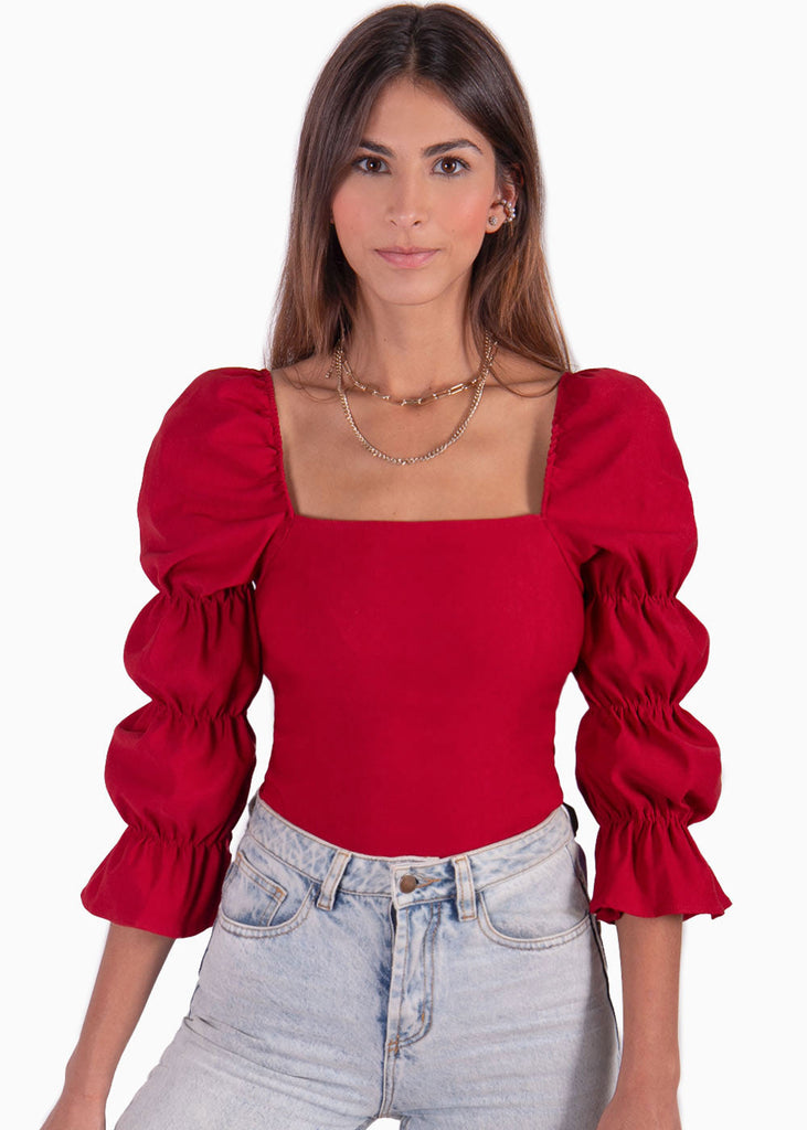 Blusa manga larga con escote cuadrado y recogidos en mangas color rojo para mujer - Flashy