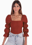 Blusa manga larga con escote cuadrado y recogidos en mangas color rojo, vino para mujer - Flashy