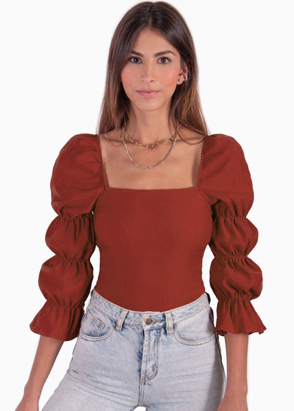 Blusa manga larga con escote cuadrado y recogidos en mangas color rojo, vino para mujer - Flashy