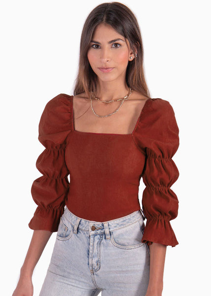 Blusa manga larga con escote cuadrado y recogidos en mangas color rojo, vino para mujer - Flashy