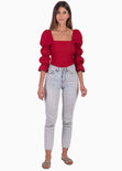 Blusa manga larga con escote cuadrado y recogidos en mangas color rojo para mujer - Flashy