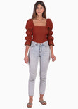 Blusa manga larga con escote cuadrado y recogidos en mangas color rojo, vino para mujer - Flashy