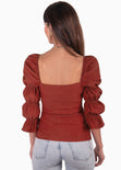 Blusa manga larga con escote cuadrado y recogidos en mangas color rojo, vino para mujer - Flashy