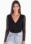 Blusa manga larga con escote en v cruzado color negro para mujer - Flashy