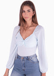 Blusa manga larga con escote entorchado color azul para mujer - Flashy