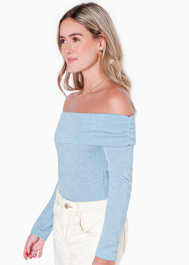 Buzo manga larga con escote off shoulder color azul para mujer - Flashy
