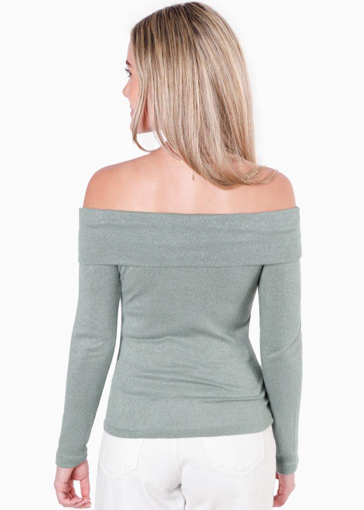 Blusa manga larga con escote off shoulder y botones color verde para mujer - Flashy