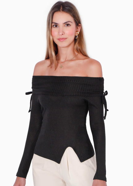 Blusa manga larga con escote off shoulder y recogidos en manga color negro para mujer - Flashy