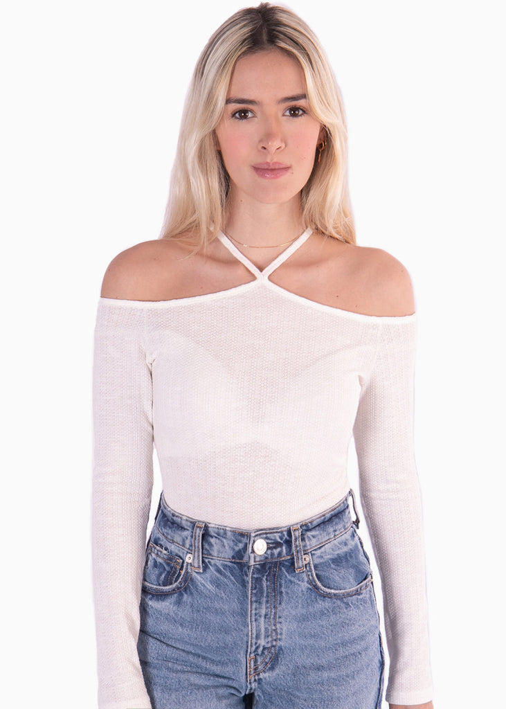 Blusa manga larga con escote tipo halter color blanco para mujer - Flashy