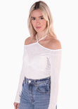 Blusa manga larga con escote tipo halter color blanco para mujer - Flashy