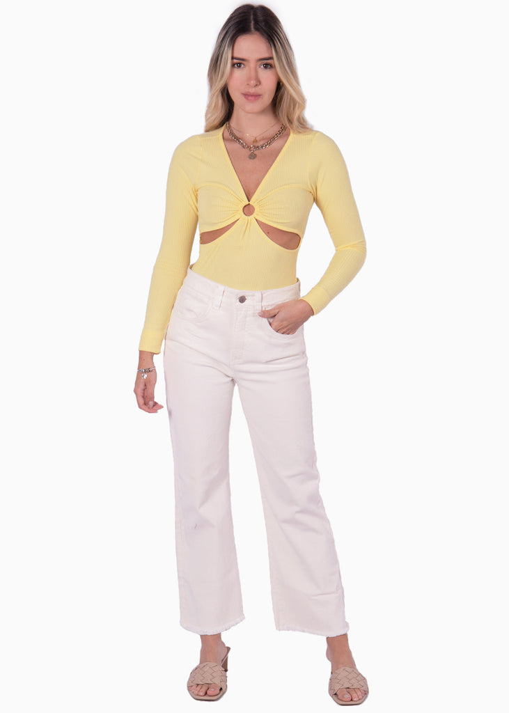 Blusa manga larga con herraje de aro en escote y aberturas en costados color amarillo para mujer - Flashy