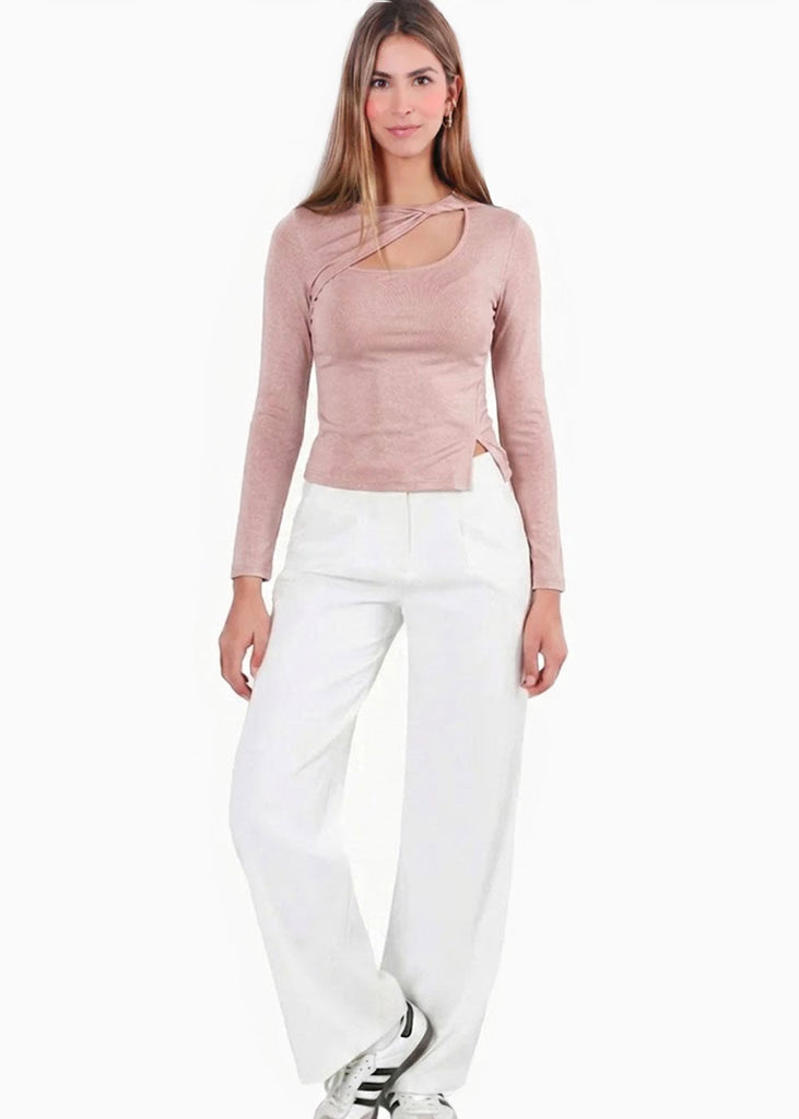 Blusa manga larga con hueco y entorchado en frente - GLAM.ROSA