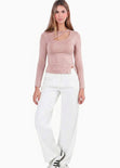 Blusa manga larga con hueco y entorchado en frente - GLAM.ROSA