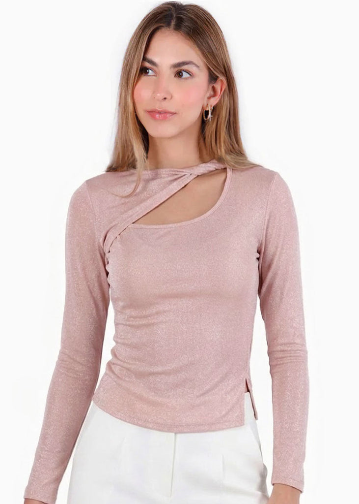 Blusa manga larga con hueco y entorchado en frente - GLAM.ROSA