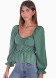 Blusa manga larga con mangas embombadas color verde para mujer - Flashy