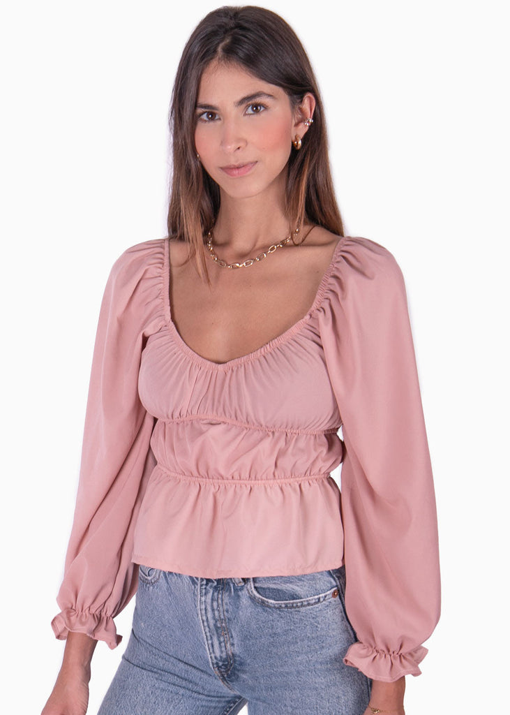 Blusa manga larga con mangas embombadas color rosado para mujer - Flashy