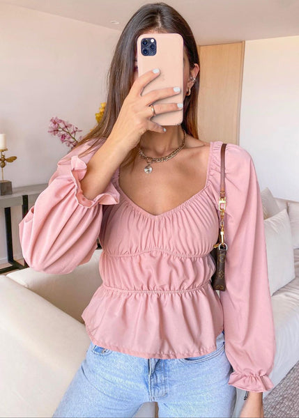 Blusa manga larga con mangas embombadas color rosado para mujer - Flashy