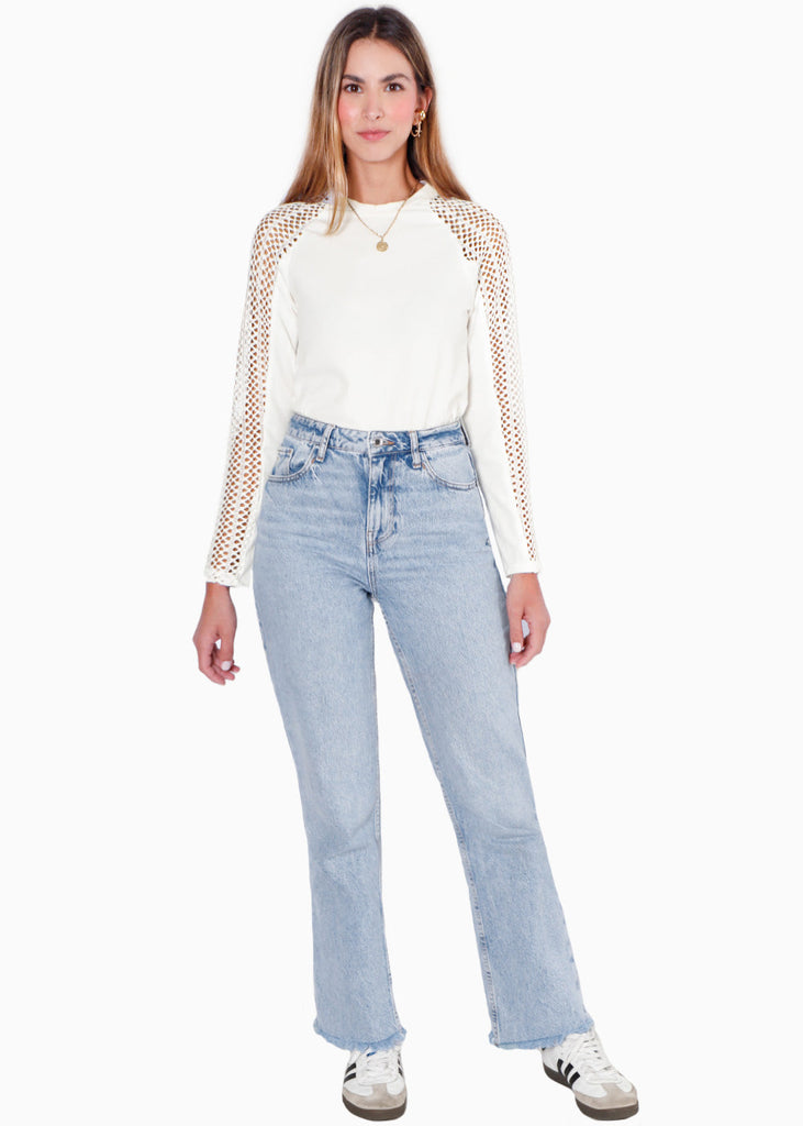 Blusa manga larga con mangas en croche color blanco, marfil para mujer - Flashy