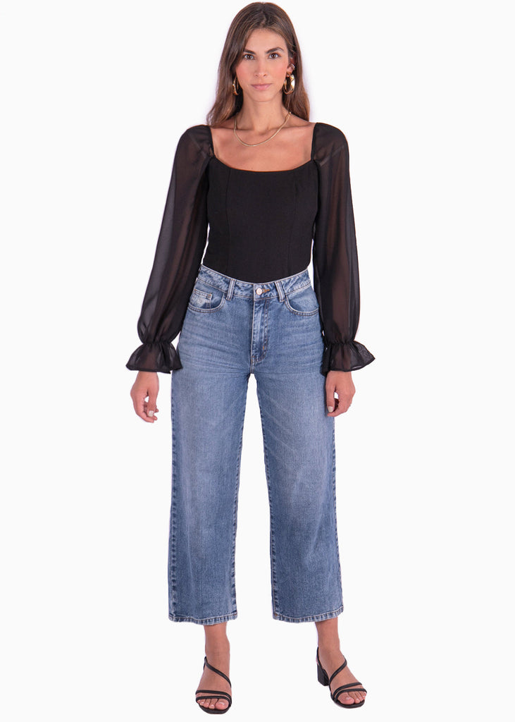 Blusa manga larga con mangas en transparencia color negro para mujer - Flashy