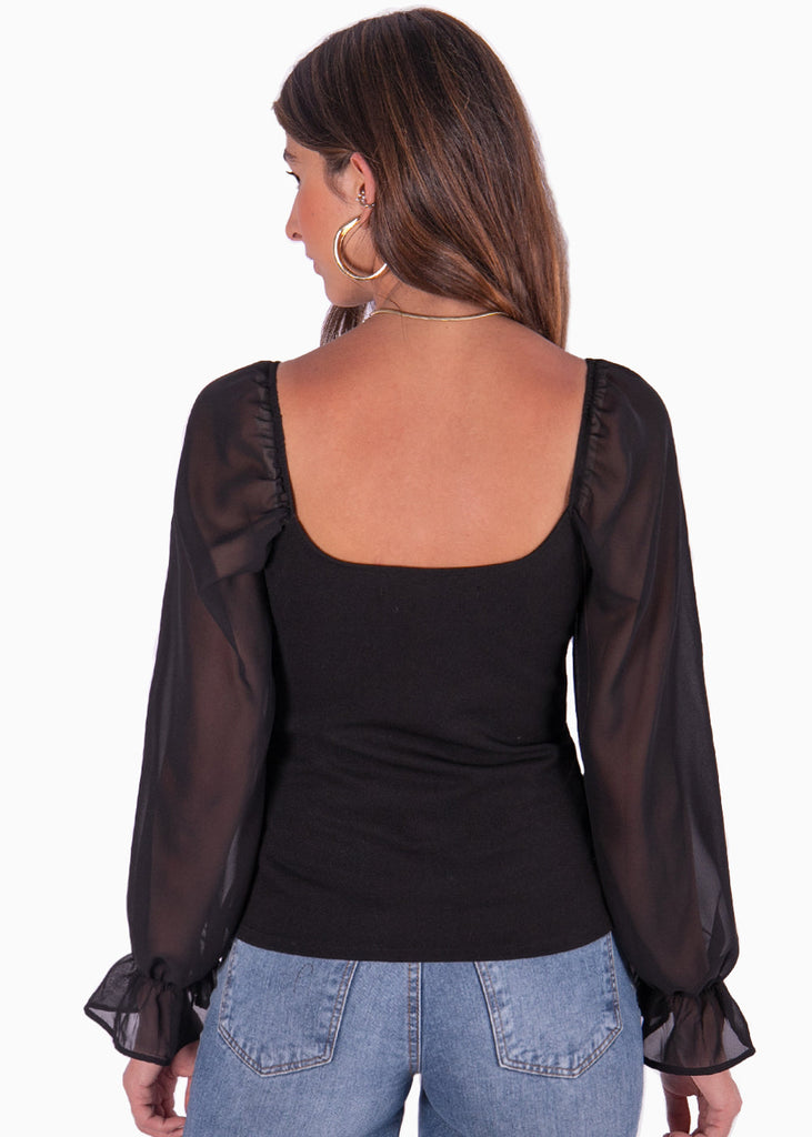 Blusa manga larga con mangas en transparencia color negro para mujer - Flashy