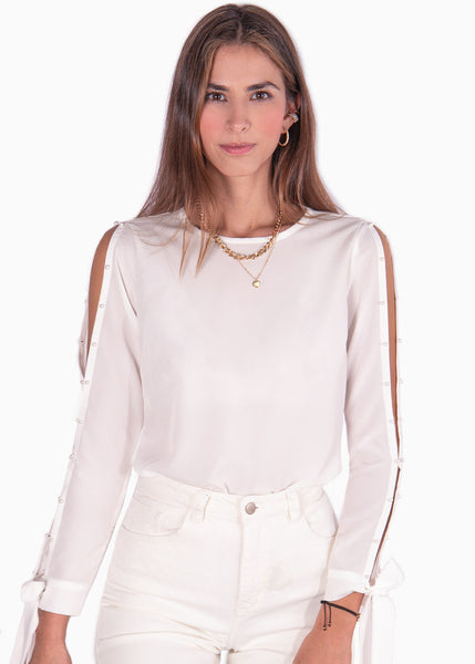 Blusa manga larga con perlas y anudados en las mangas color blanco para mujer - Flashy
