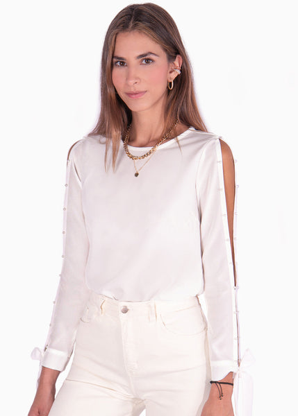 Blusa manga larga con perlas y anudados en las mangas color blanco para mujer - Flashy
