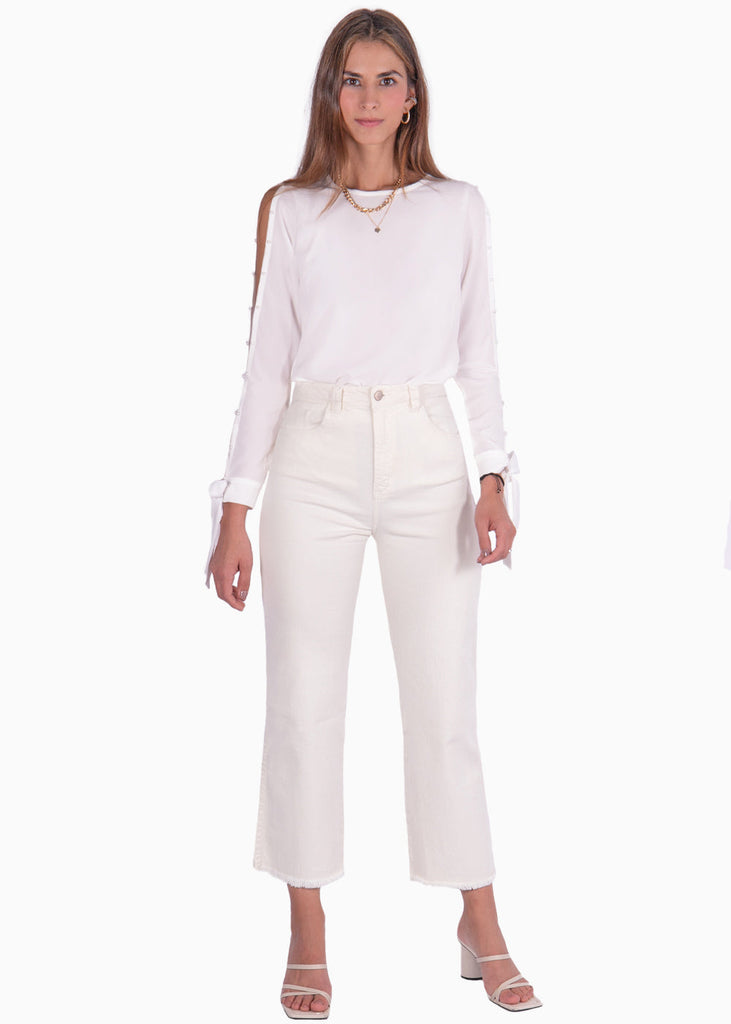 Blusa manga larga con perlas y anudados en las mangas color blanco para mujer - Flashy