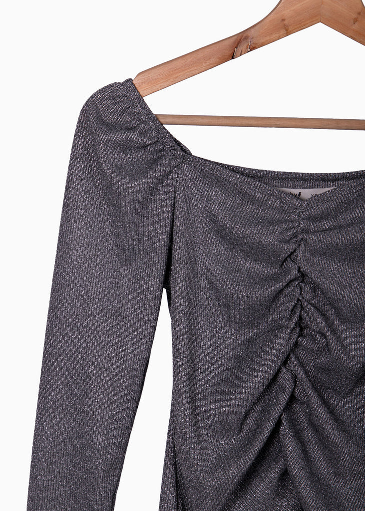Blusa manga larga con recogido en delantero color gris para mujer - Flashy
