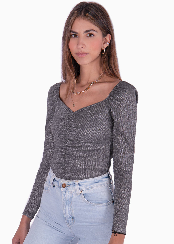 Blusa manga larga con recogido en delantero color gris para mujer - Flashy
