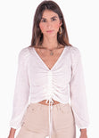 Blusa manga larga con recogido en escote color blanco para mujer - Flashy