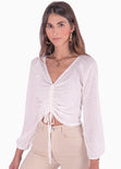 Blusa manga larga con recogido en escote color blanco para mujer - Flashy