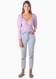 Blusa manga larga con recogido en escote color lila, morado para mujer - Flashy