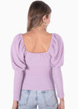 Blusa manga larga con recogido en escote color lila, morado para mujer - Flashy