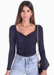 Blusa manga larga con recogido en frente color azul para mujer - Flashy